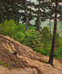 BEN FOSTER (American, 1852-1926) Hillside Pines Oil on canvas 30 x 25 inches (76.2 x 63.5 cm) Signed lower left: Ben Fos...