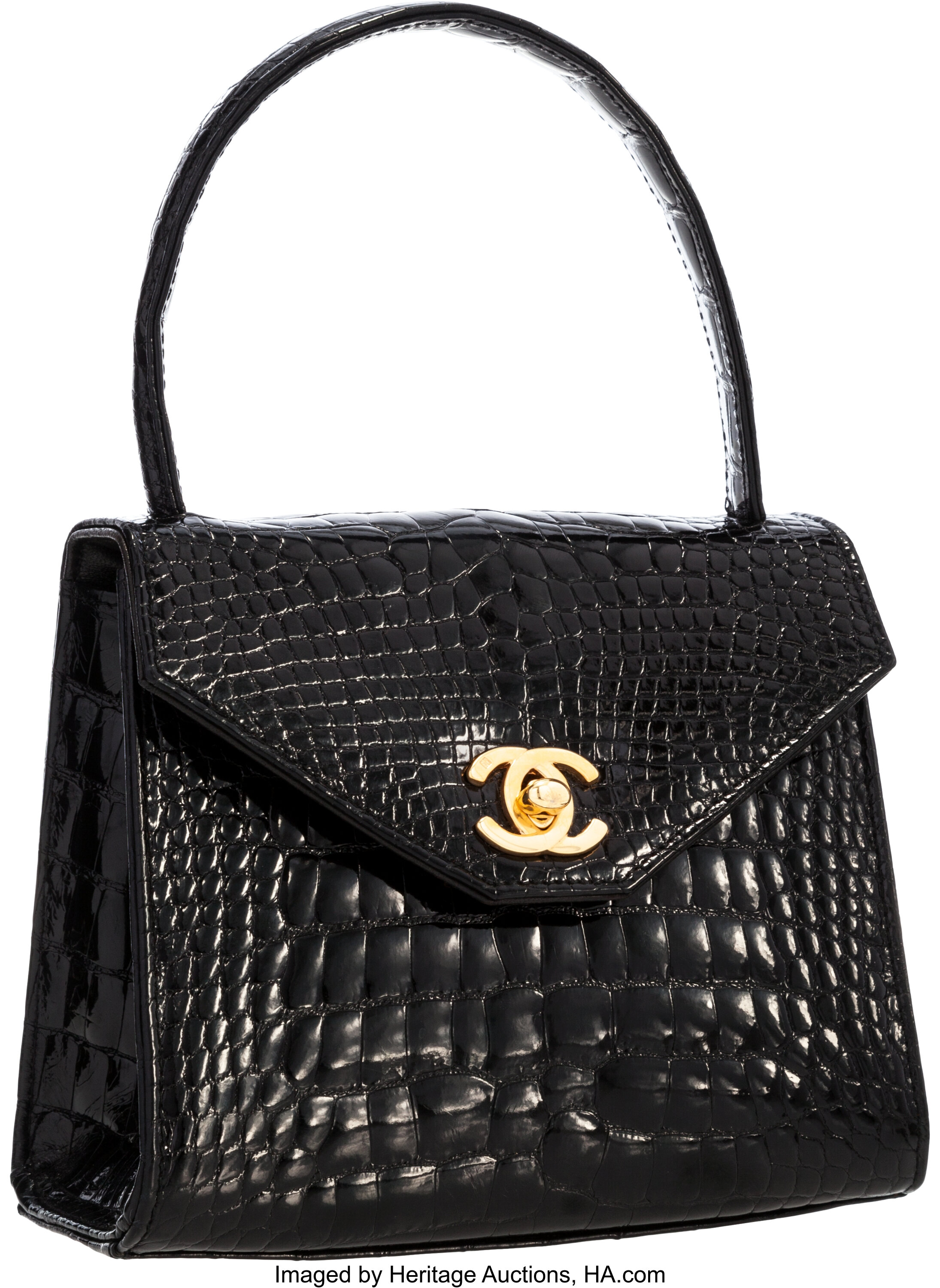 Chanel Black Crocodile Top Handle Evening Bag with Gold Hardware
