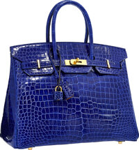 Hermes Special Order Horseshoe 35cm Shiny Blue Electric & Alezan Porosus Crocodile Birkin Bag with Gold Hardware Exc...