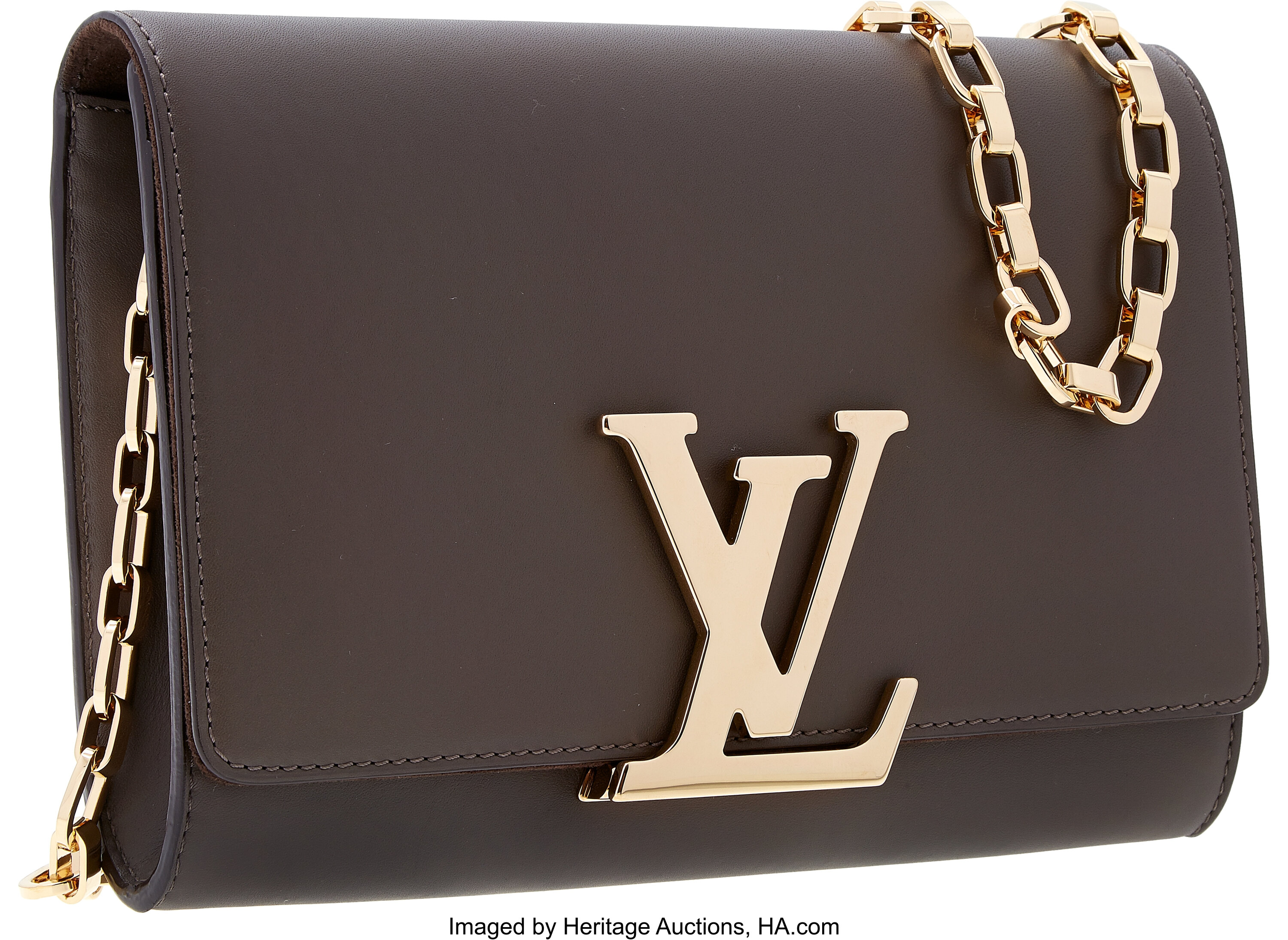 Louis Vuitton Taupe Leather Chain Louise Clutch Bag with Gold