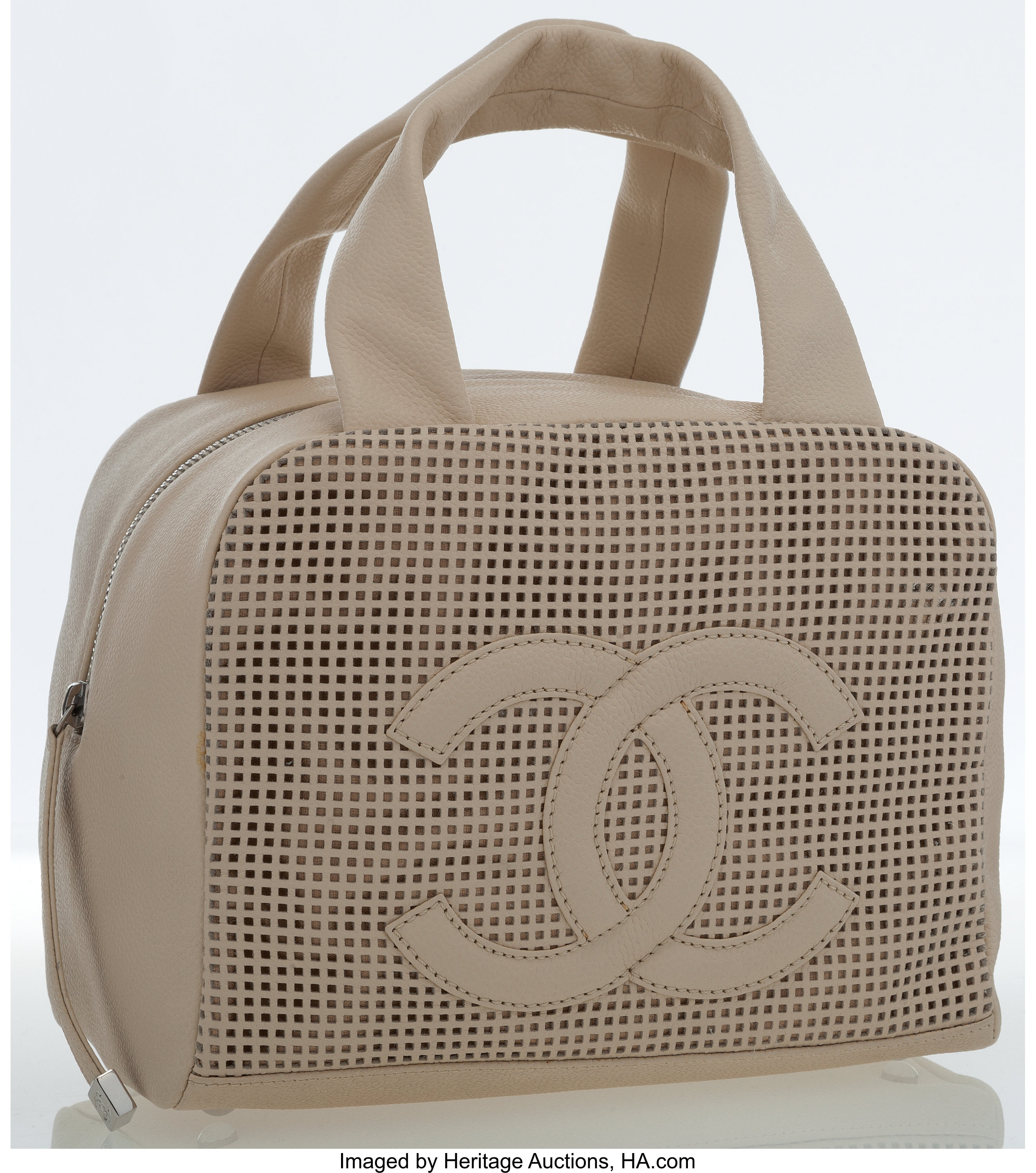 Chanel Beige Caviar Leather Perforated Bowling Bag.  Luxury, Lot #20017