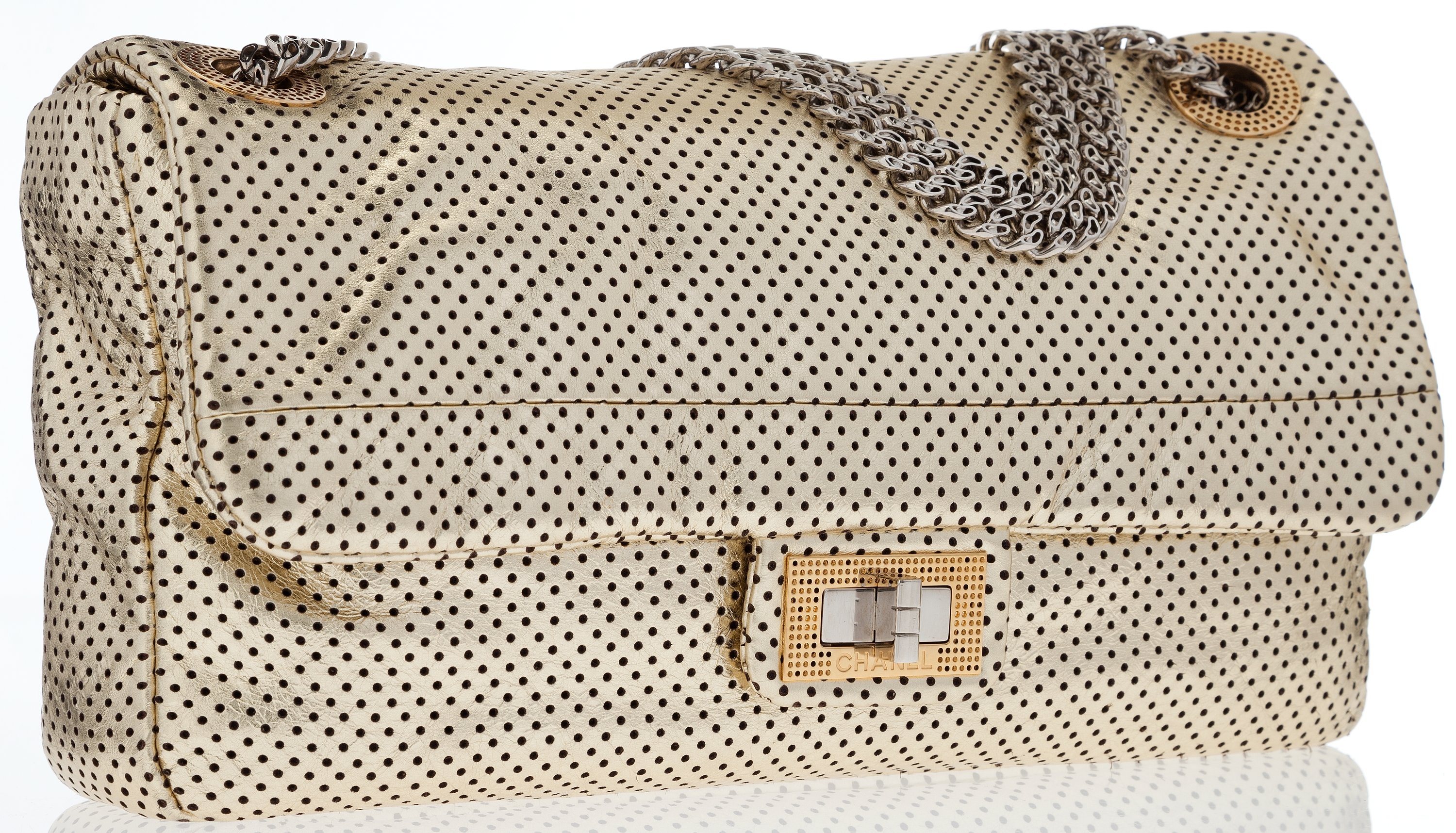 Chanel Gold Perforated Lambskin Leather Flap Bag with Silver
