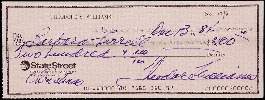 Ted Williams Signed Check. Baseball Collectibles Others