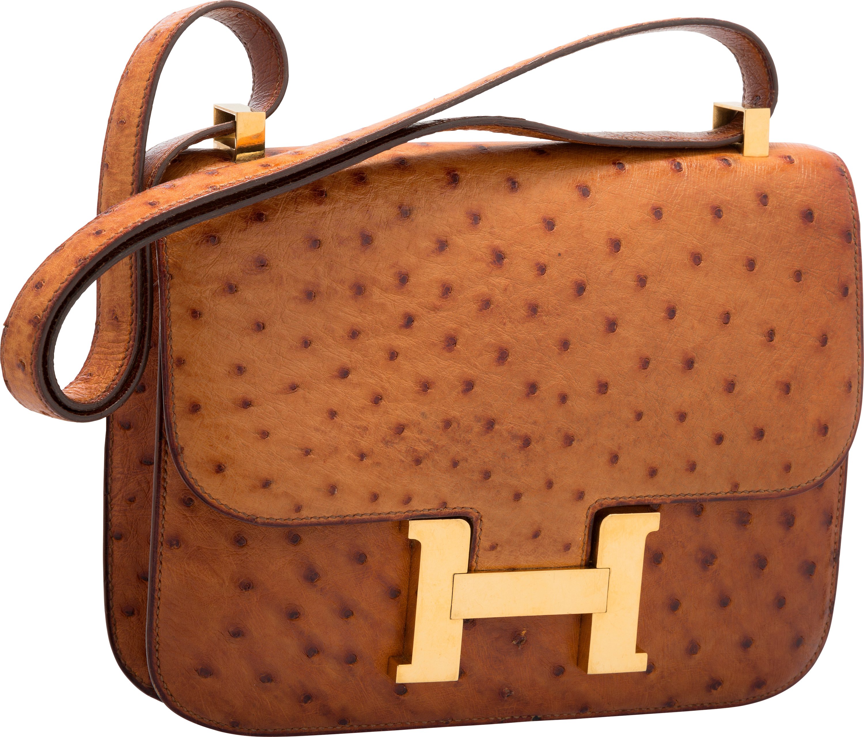 Hermes 23cm Cognac Ostrich Single Gusset Constance Bag with Gold