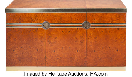Pierre Cardin Burled Olive and Brass Lift-Top Bar Credenza Circa 1970. Engraved Pierre Cardin 30-1/4 x 55-1/2 x 19-3/4...