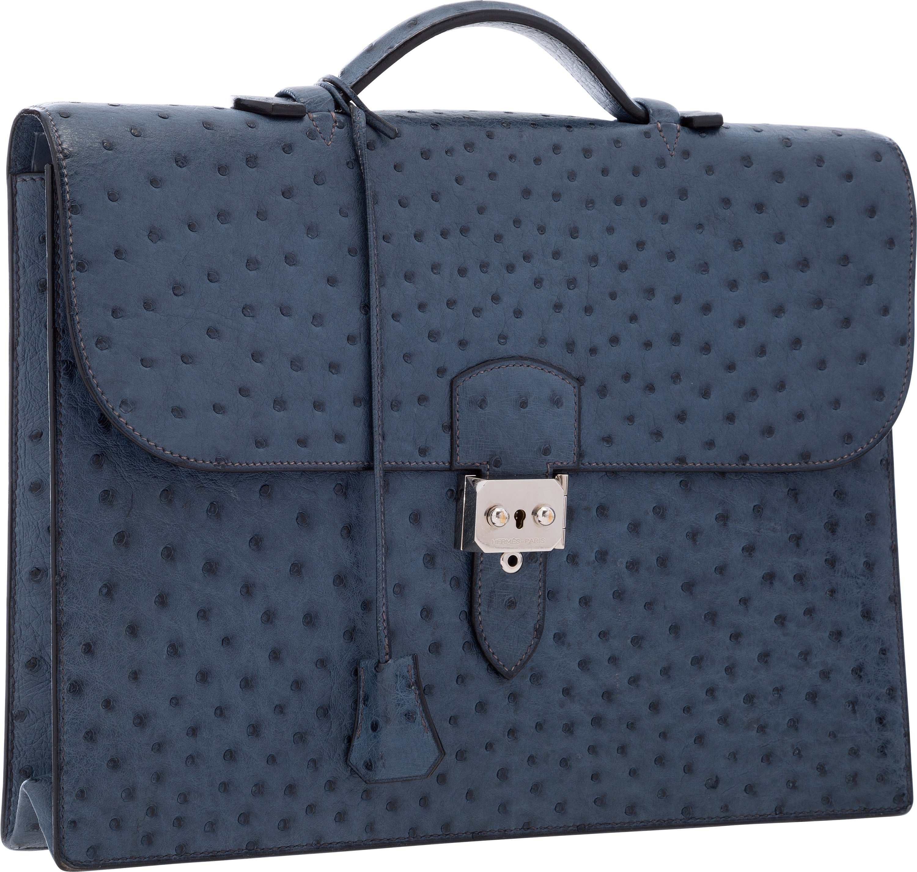 Hermes Blue Roi Ostrich Single Gusset Sac a Depeches Briefcase Bag, Lot  #58029