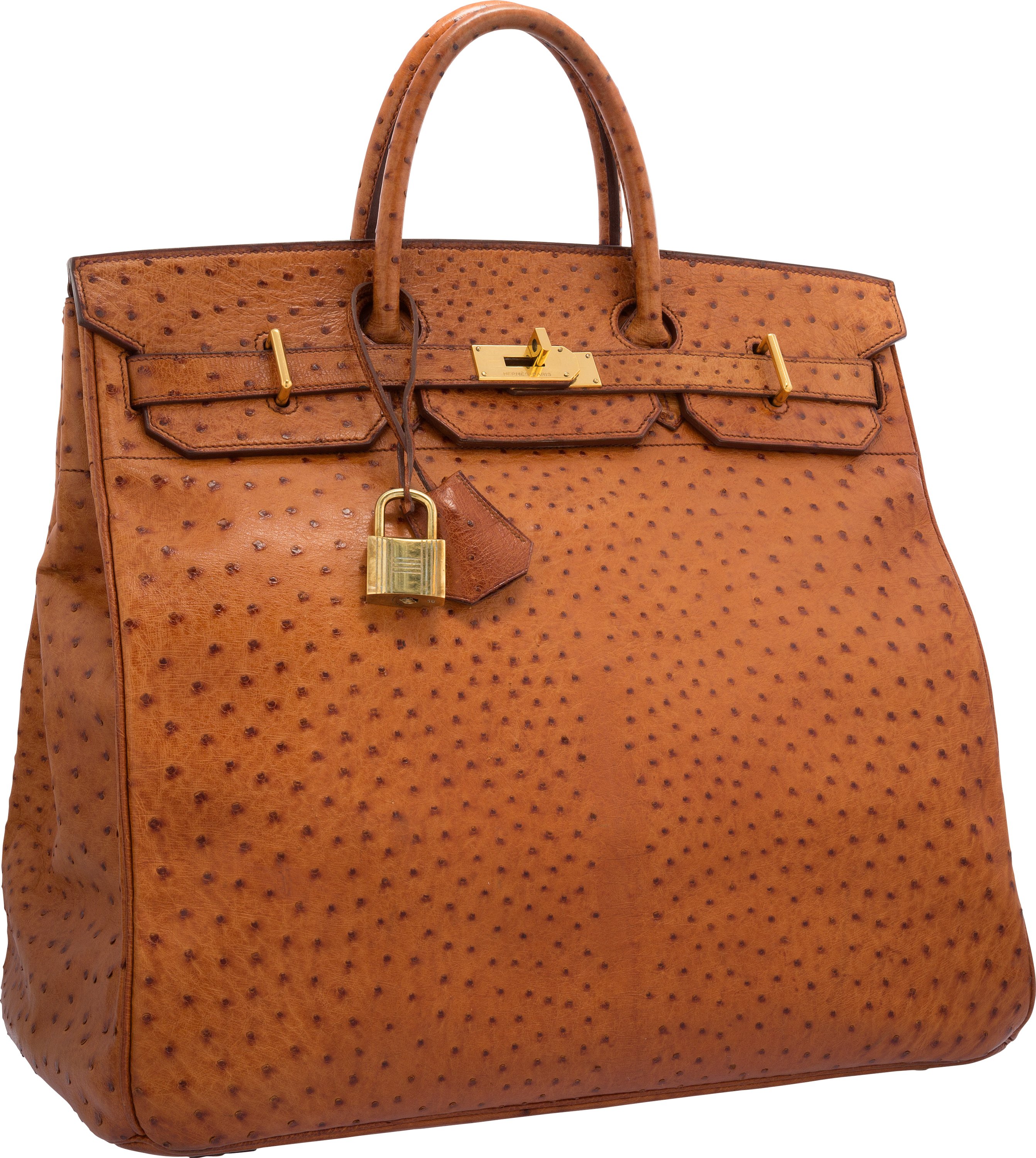 Hermes 45cm Cognac Ostrich HAC Birkin Bag with Gold Hardware. Good