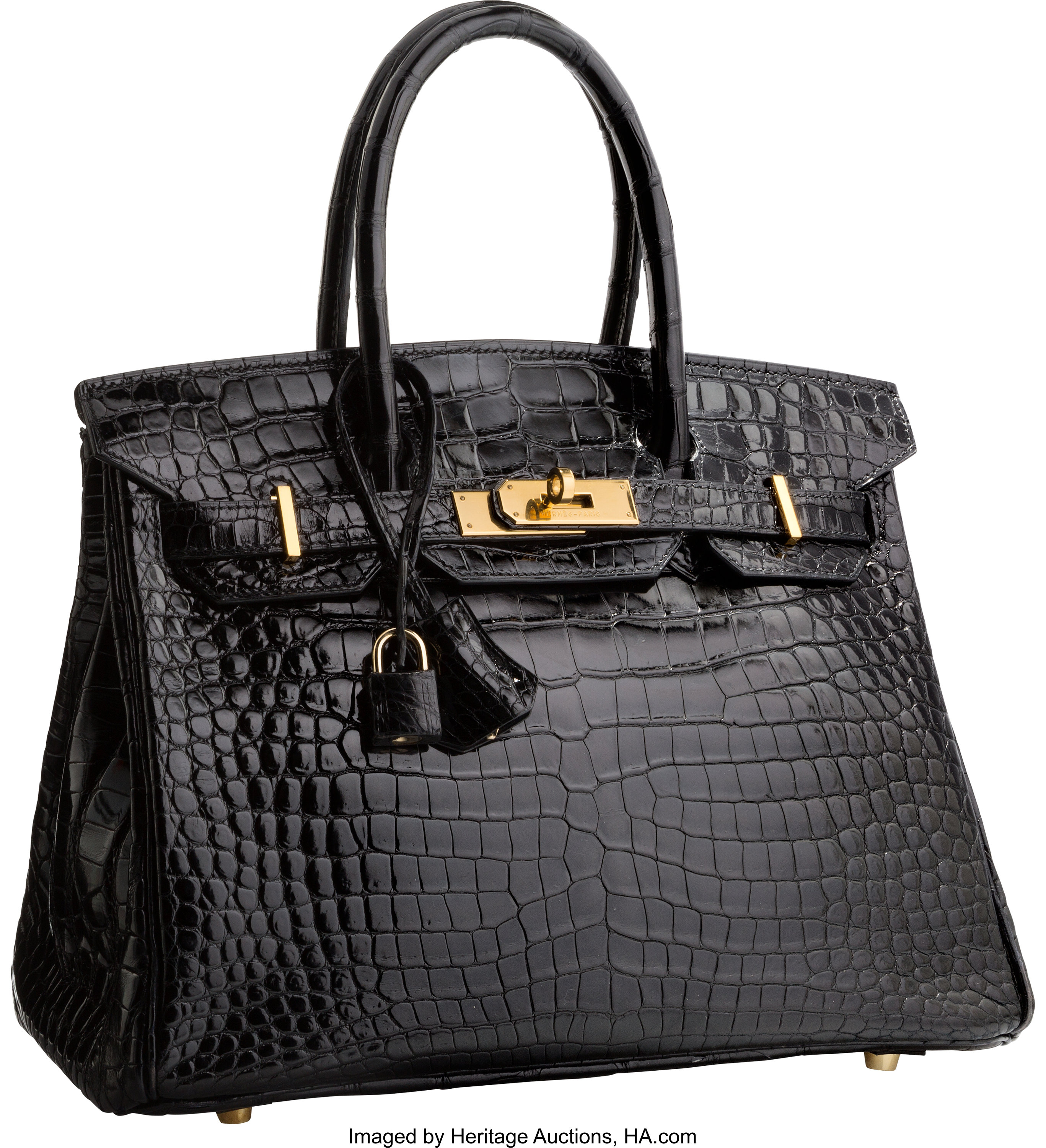 Hermes 30cm Shiny Black Porosus Crocodile Birkin Bag with Gold, Lot #58102