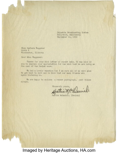 Autographs:Celebrities, Hattie McDaniel Typed Letter Signed "Hattie McDaniel." One page, 8.5" x 11", Hollywood, California, September 15, 1950. ...