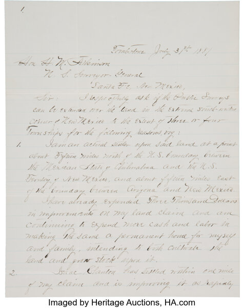 Tombstone, Arizona: An Important July, 1881 Letter Referencing ...