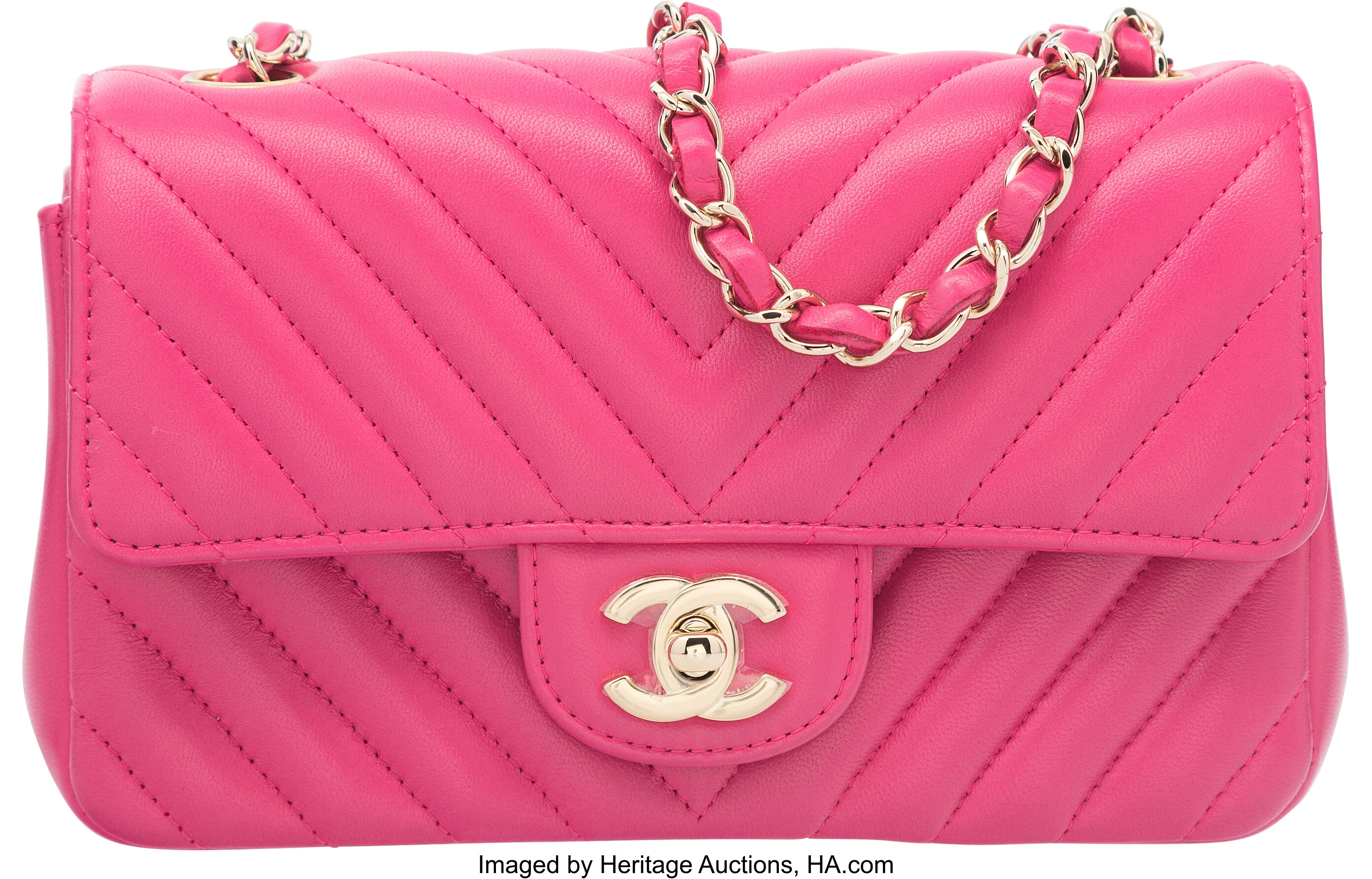 Chanel Pink Chevron Quilted Lambskin Leather Mini Flap Bag., Lot #58022