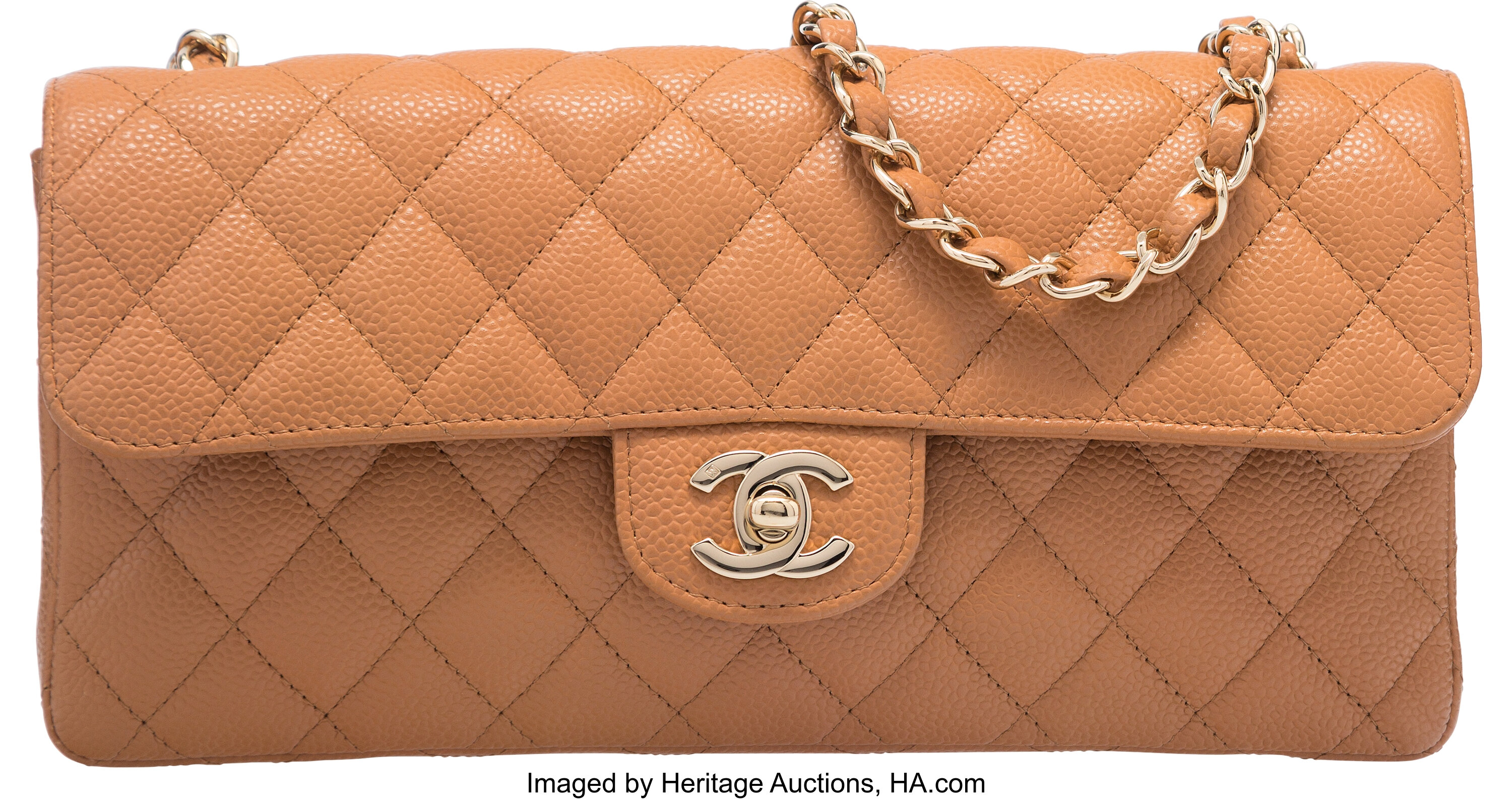 Chanel Beige Quilted Caviar Leather East West Flap Bag. Excellent, Lot  #58017