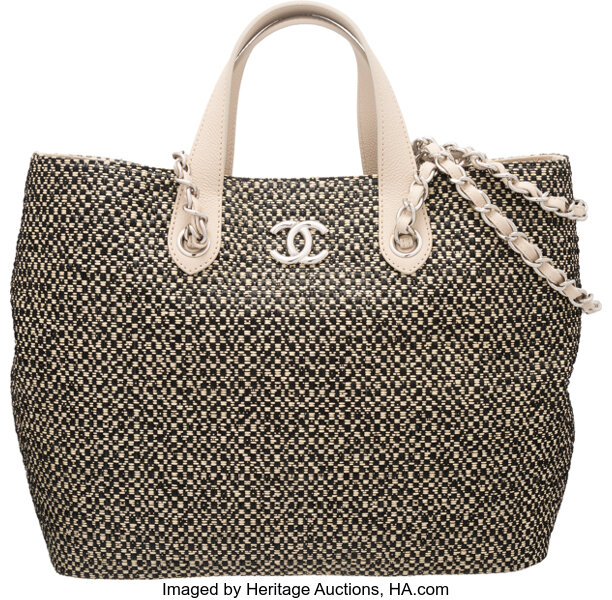 Chanel Black and Beige Woven Straw Large Shopping Tote Bag., Lot #58266