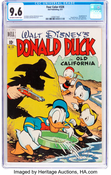 Golden Age (1938-1955):Humor, Four Color #328 Donald Duck (Dell, 1951) CGC NM+ 9.6 Off-white to white pages....
