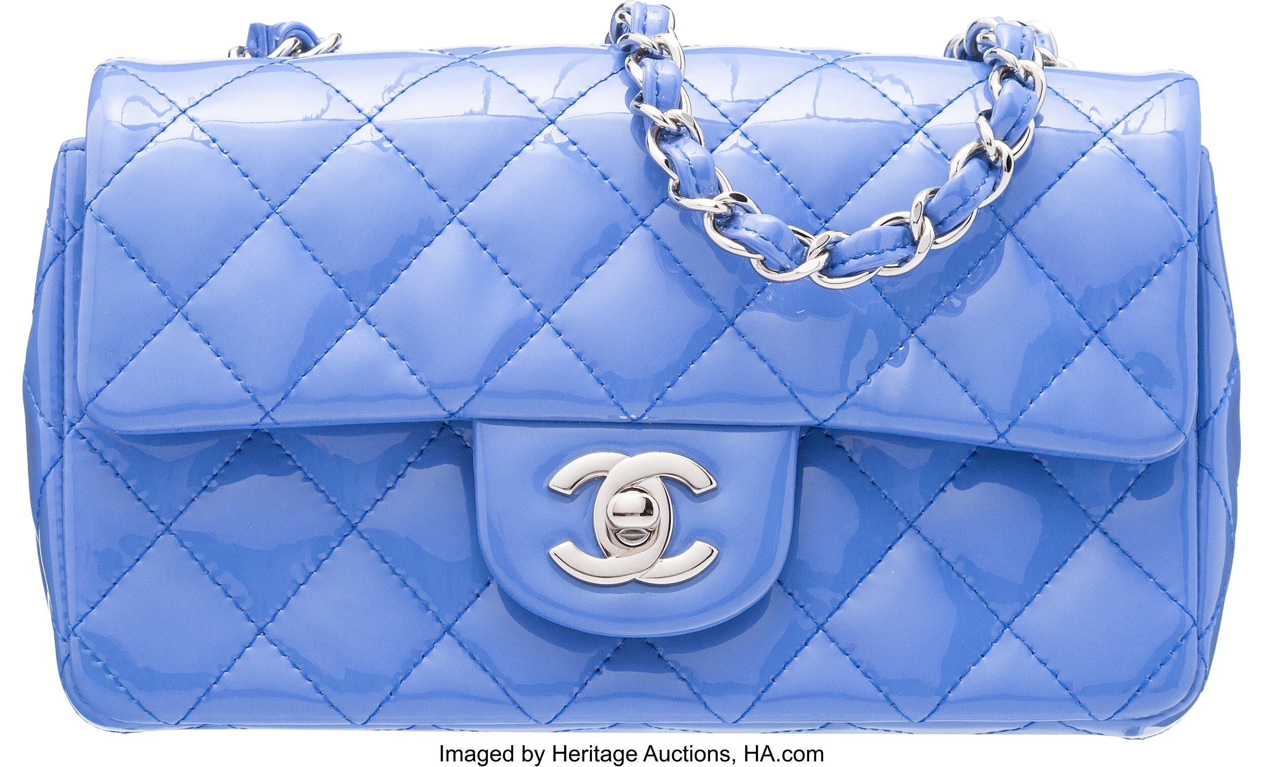 Chanel Blue Patent Leather Mini Rectangular Classic Flap Bag with, Lot  #58081