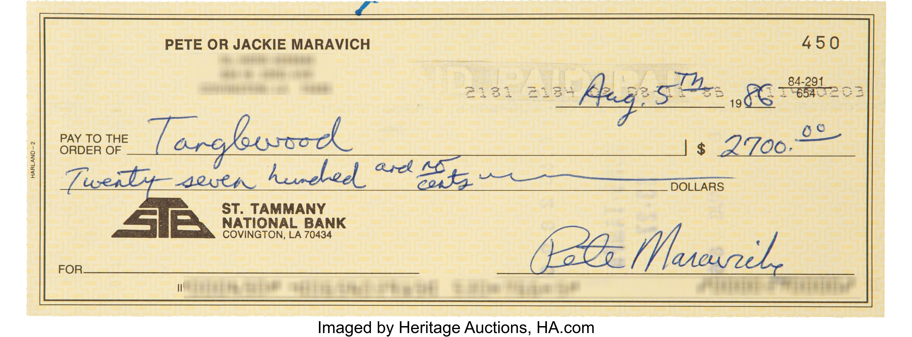 7 Pete Maravich Signed Personal Check. Autographs Checks