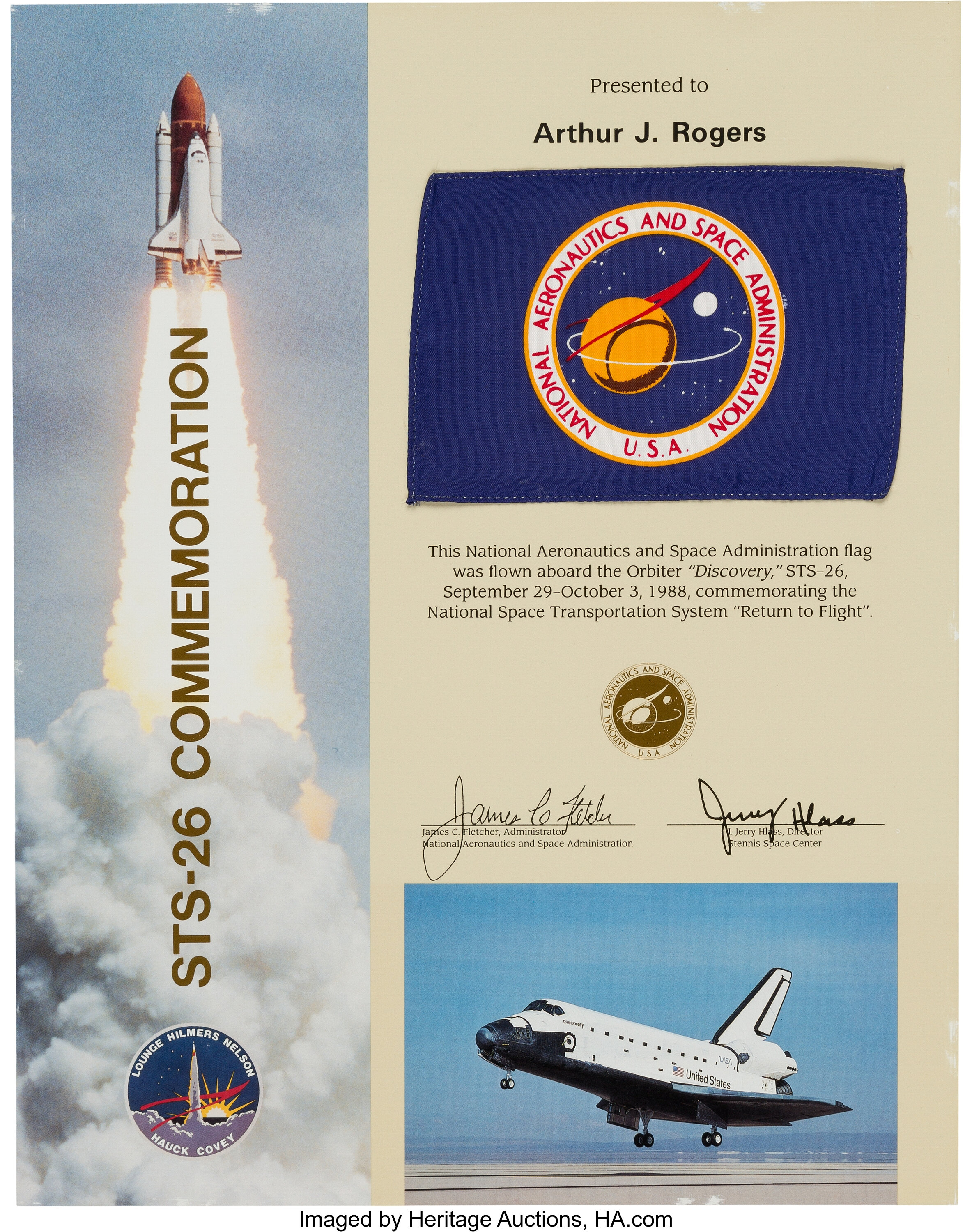 Space Shuttle Discovery (STS-26) "Return to Flight" Flown NASA Flag | Lot #53244 | Heritage Auctions