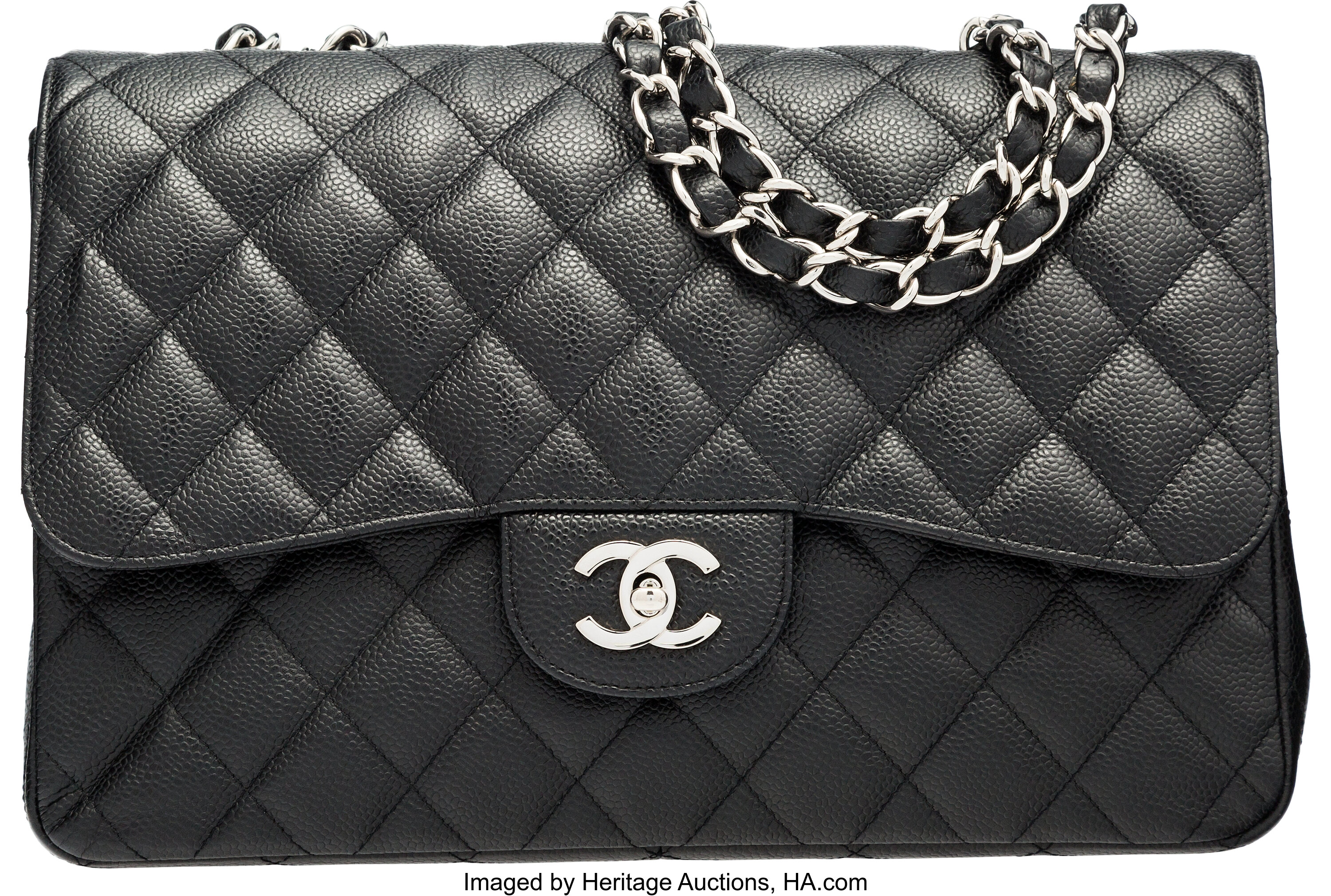 CHANEL - CC Ligne Flap Large Bag Black / Silver Caviar Leather