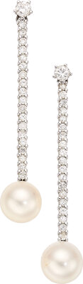 Diamond, Cultured Pearl, White Gold Earrings