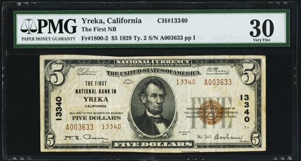 Yreka, CA - $5 1929 Ty. 2 The First NB Ch. # 13340 PMG Very Fine | Lot  #22023 | Heritage Auctions