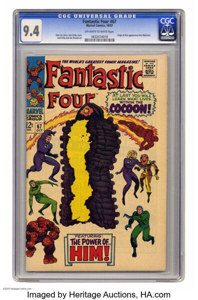 Silver Age (1956-1969):Superhero, Fantastic Four #67 (Marvel, 1967) CGC NM 9.4 Off-white to white pages. This issue had the first appearance of Him, who later...