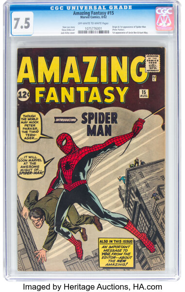 Silver Age (1956-1969):Superhero, Amazing Fantasy #15 (Marvel, 1962) CGC VF- 7.5 Off-white to whitepages....