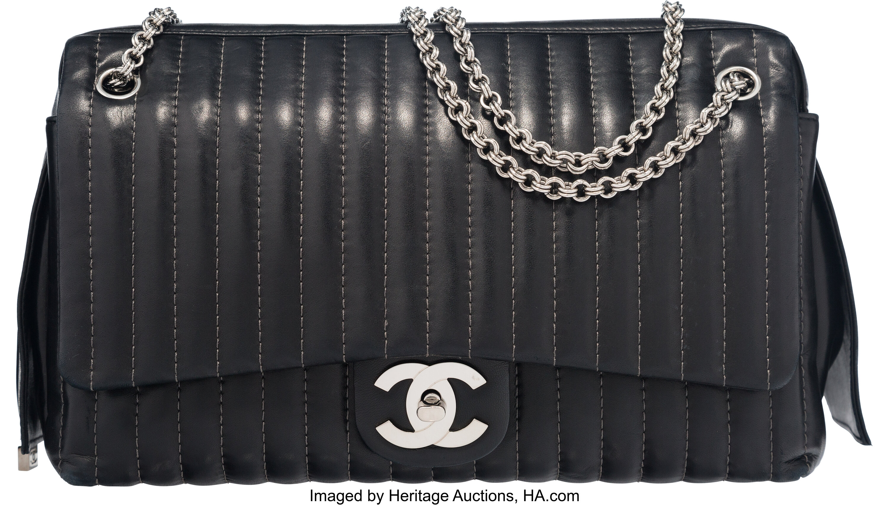 Chanel Black Lambskin Mademoiselle Maxi Flap Camera Bag with Silver, Lot  #58207