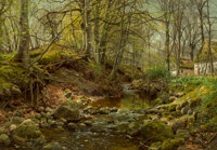 Peder Mork Monsted (Danish, 1859-1941) A forest stream, 1905 Oil on canvas 32 x 46-1/4 inches (81.3 x 117.5 cm) Signed a...