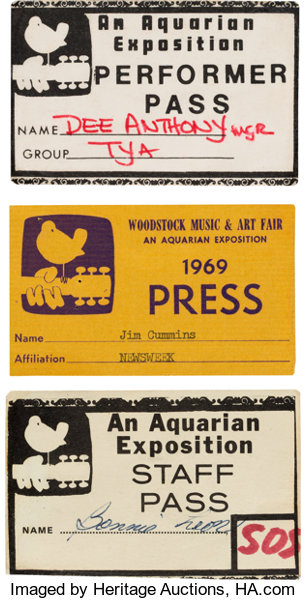 Three Rare Woodstock Backstage Passes 1969 Music Lot 099 Heritage Auctions