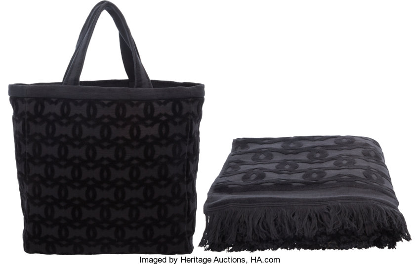 Chanel Set of Two: Black Terry Cloth Beach Tote & Towel. Condition