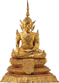 A Thai Gilt Bronze Buddha 13-3/4 x 8-3/4 x 5 inches (34.9 x 22.2 x 12.7 cm)