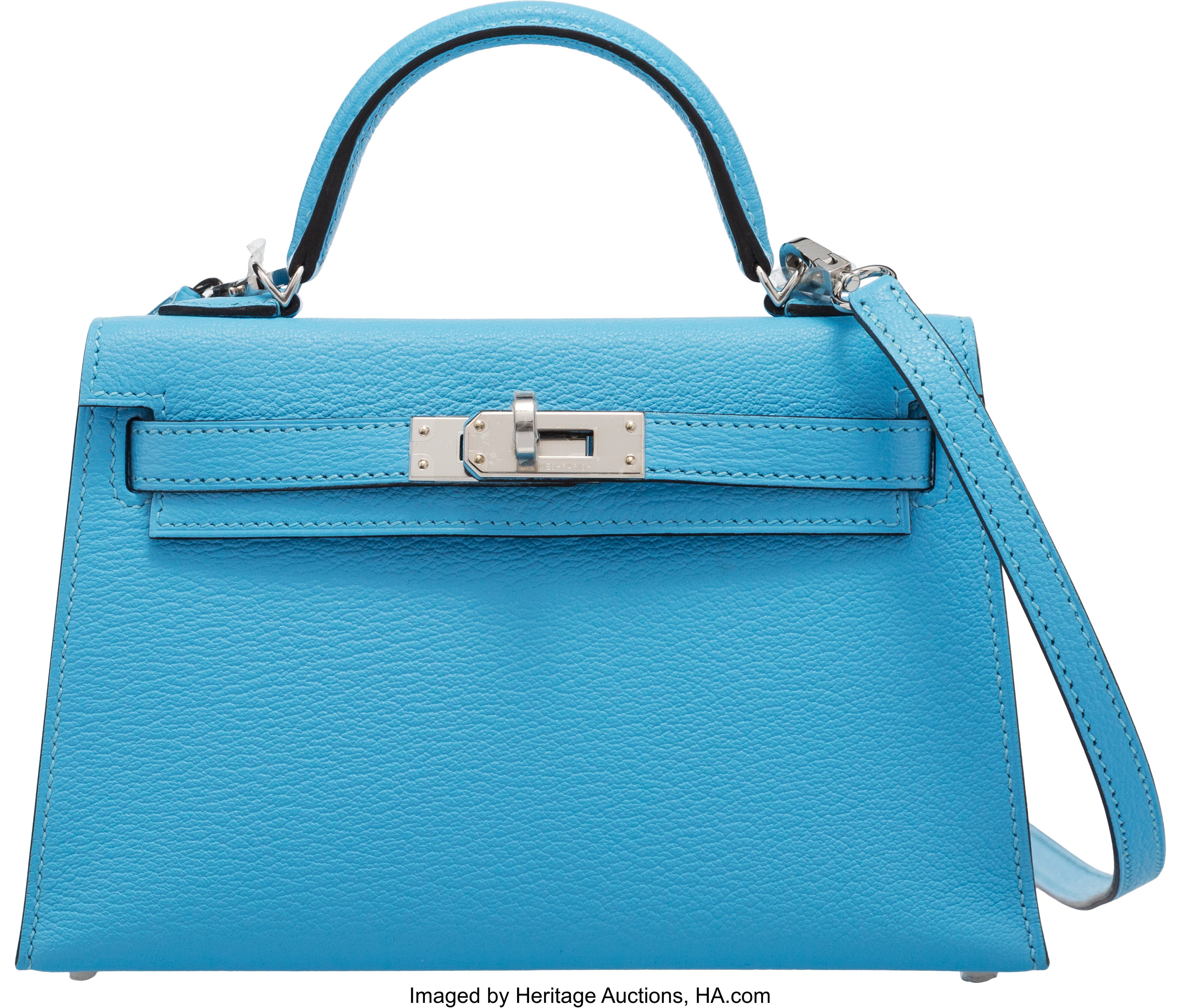 Hermès 20cm Bleu Celeste Chevre Leather Mini Kelly II Bag with, Lot #58115