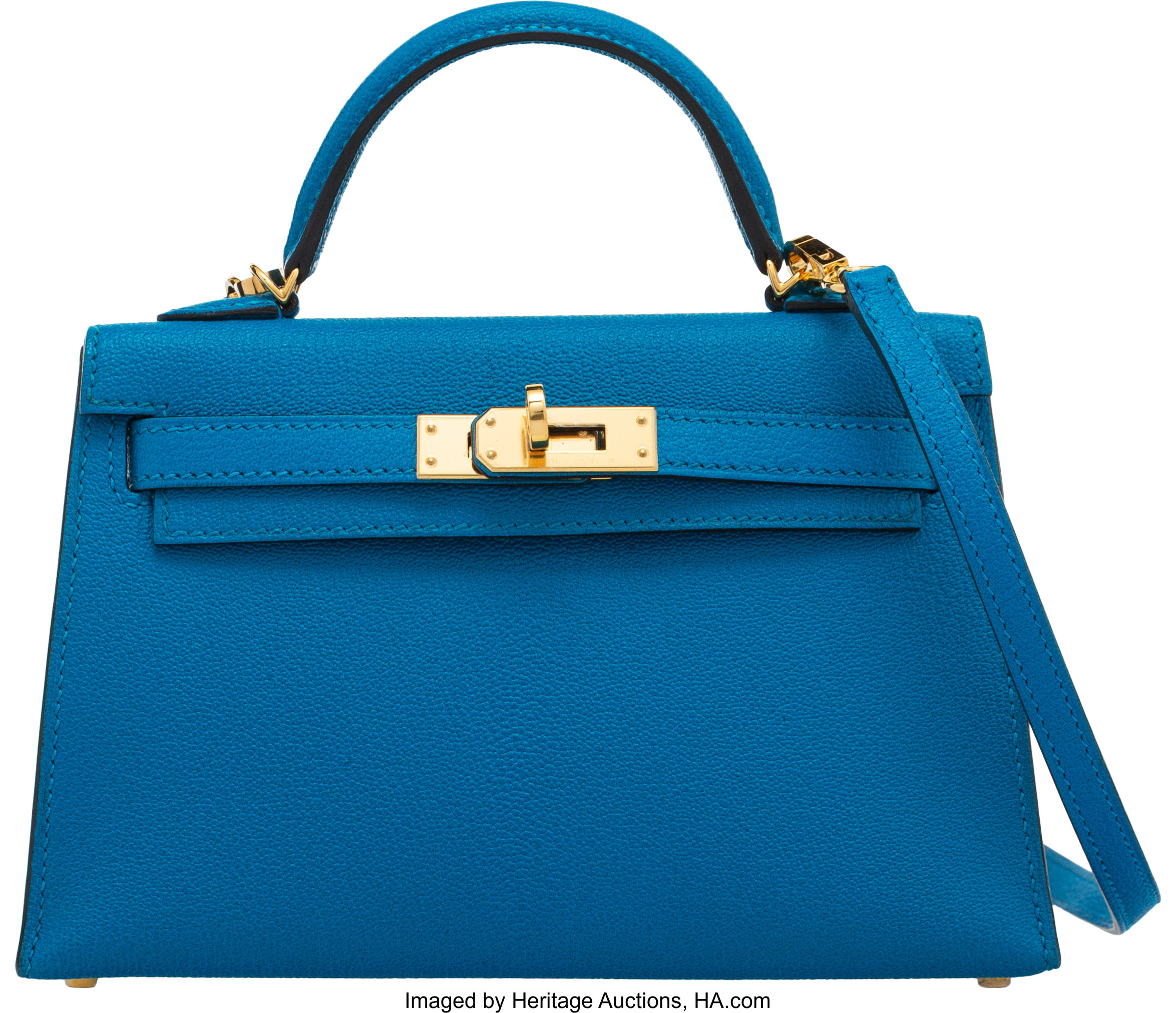 Hermès 20cm Blue Zanzibar Chevre Leather Mini Kelly II with Gold, Lot  #58126
