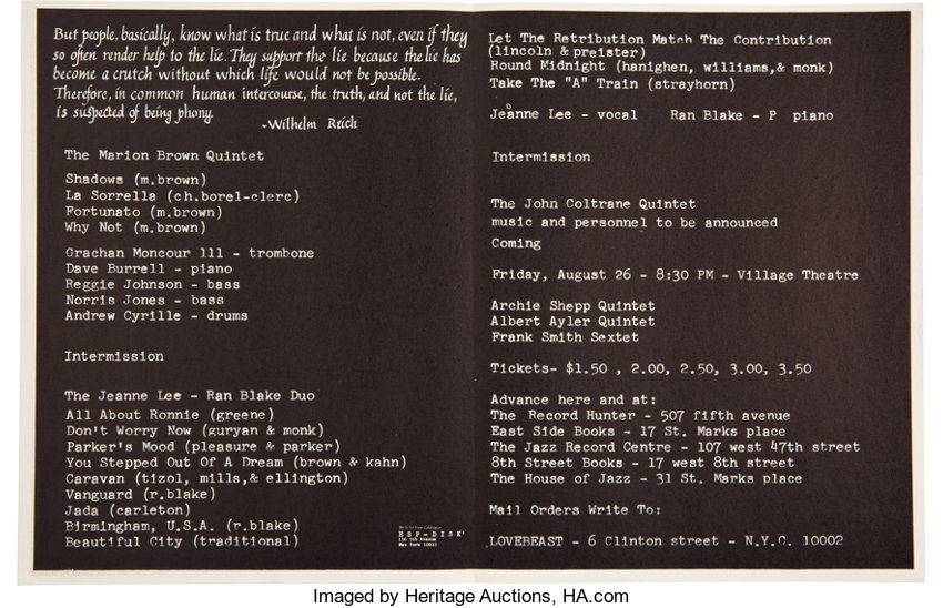 Music Memorabilia:Posters, John Coltrane 1966 Village Theater New York City Four-Page Program....