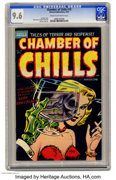 Golden Age (1938-1955):Horror, Chamber of Chills #19 (Harvey, 1953) CGC NM+ 9.6 Cream to off-white pages. The lady on the cover is flirting with death! And...