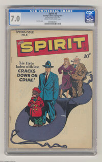 The Spirit #8 (Quality, 1947) CGC FN/VF 7.0 Cream to off-white pages. Lou Fine cover. CGC notes, "Very minor amount...