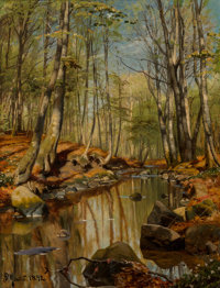 Peder Mork Monsted (Danish, 1859-1941) A wooded river landscape, 1892 Oil on canvas 17-1/8 x 13 inches (43.5 x 33.0 cm)...