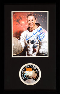 Apollo 13: Lovell Signed, with Famous Quote, White Spacesuit Color Photo, Matted and Framed with an Embroidered Apollo 1...