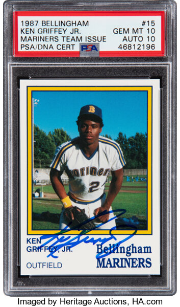 Baseball Cards:Singles (1970-Now), Signed 1987 Bellingham Mariners Ken Griffey Jr. #15 PSA Gem MT 10,
Auto 10! ...