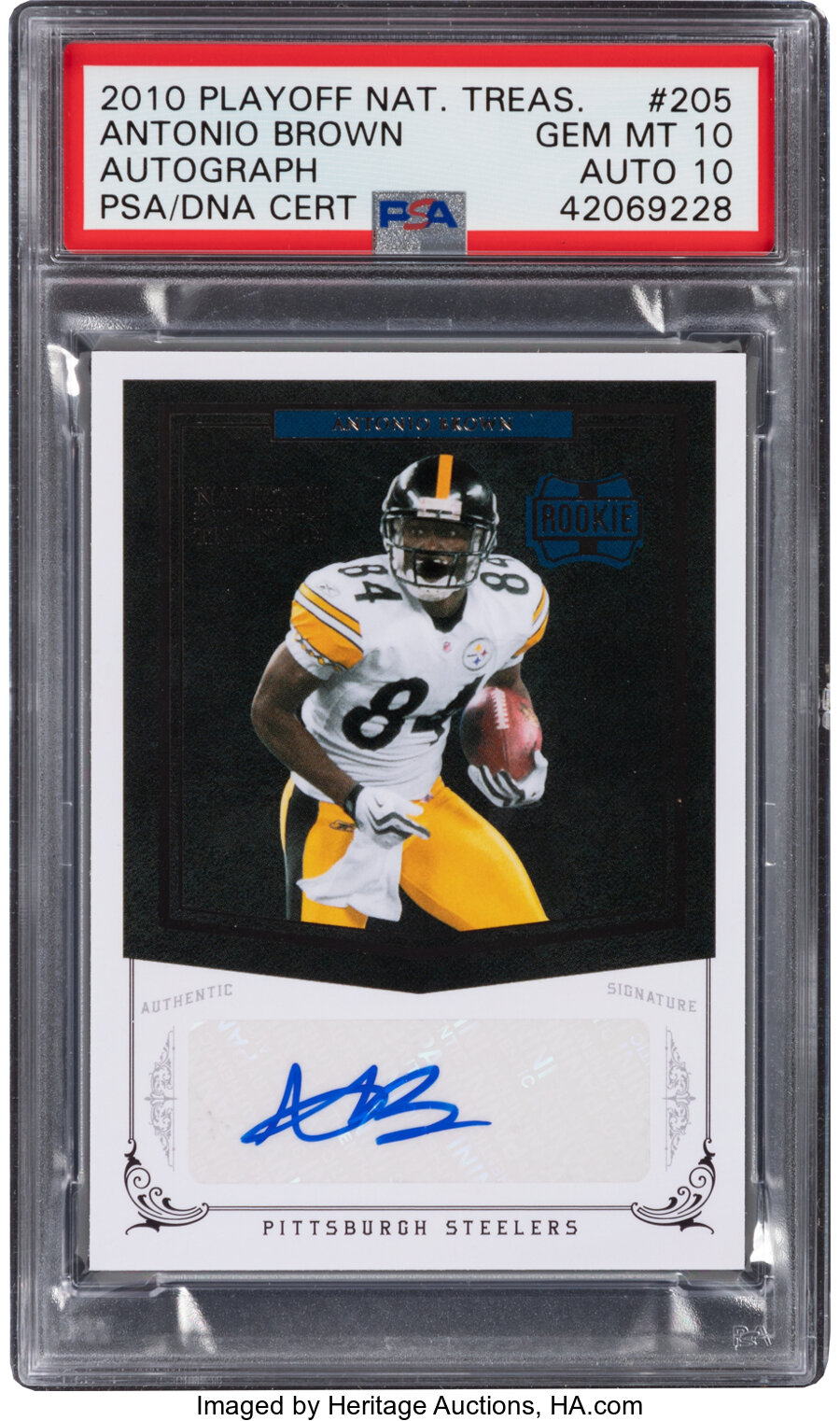 2010 Playoff National Treasures Antonio Brown (Autograph) #205 PSA Gem Mint 10, Auto 10 - #'d 48/99--Population 1!