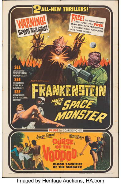 Movie Posters:Horror, Frankenstein Meets the Space Monster/Curse of the Voodoo Combo
(Allied Artists, 1965). Folded, Fine. One Sheet (27" X 41"). ...