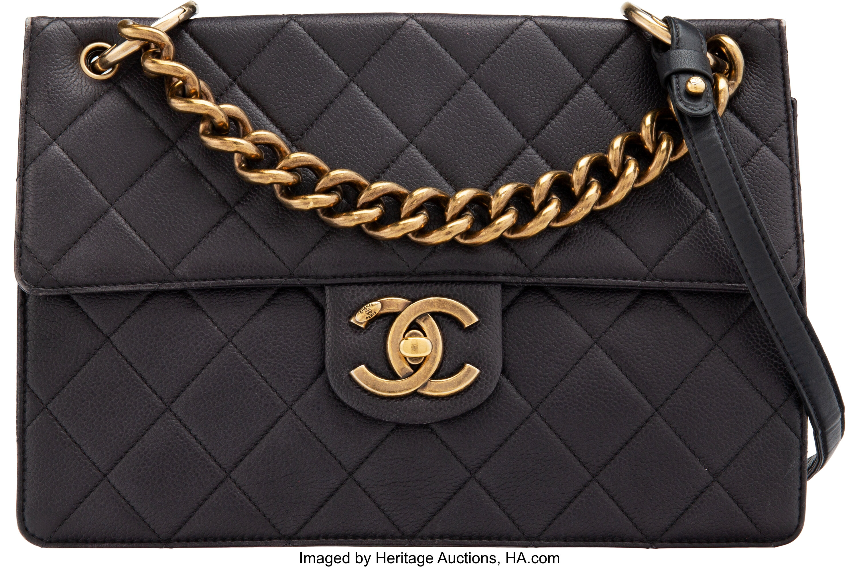 Chanel Black Quilted Caviar Leather Crossbody Flap Bag with Aged, Lot  #14063