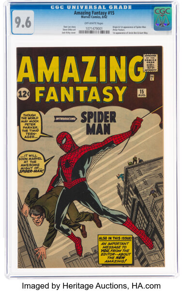 Silver Age (1956-1969):Superhero, Amazing Fantasy #15 (Marvel, 1962) CGC NM+ 9.6 Off-white pages....