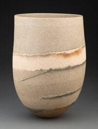 Jennifer Lee (British, b. 1956) 'Smokey Pot, Sand-grained band, haloed trace, rust flash', 2000 Hand-built stoneware 13-...