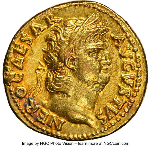 Ancients:Roman Imperial, Ancients: Nero (AD 54-68). AV aureus (19mm, 7.19 gm, 5h). NGC Choice XF 5/5 - 3/5, ex-jewelry....