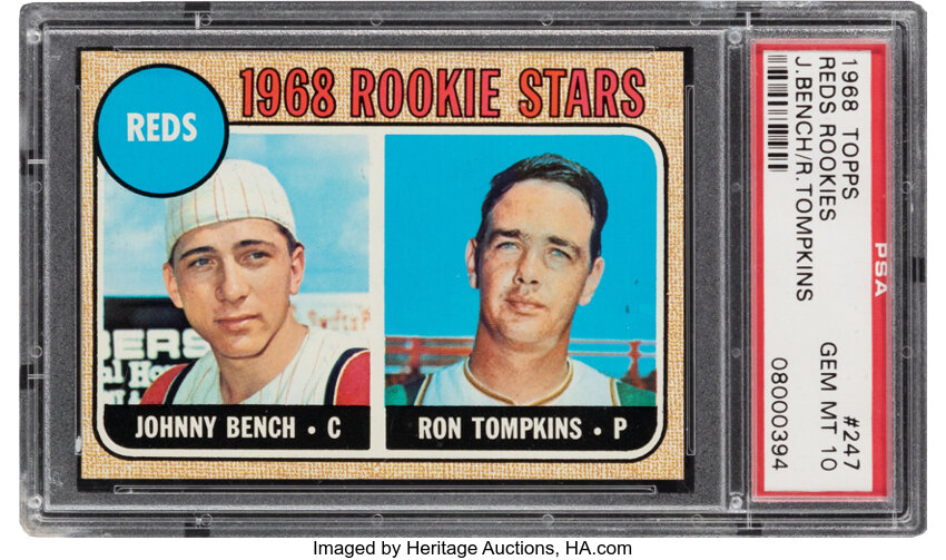 Baseball Cards:Singles (1960-1969), 1968 Topps Johnny Bench - Reds Rookie Stars #247 PSA Gem Mint 10. ...