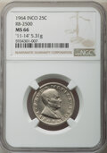 Patterns, INCO 25 cent. MS66 NGC. 1964 RDM-1 portrait. RB-2500. "11-14"
engraved in obverse field. 5.31 g. 95% nickel, 5% silicon on a...