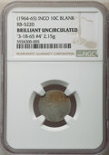 Patterns, INCO 10 cent blank. Brilliant Uncirculated NGC. 1964-65. RB-5220.
2.15 g. "3-18-65 #4" is engraved on the piece. Struck on a...