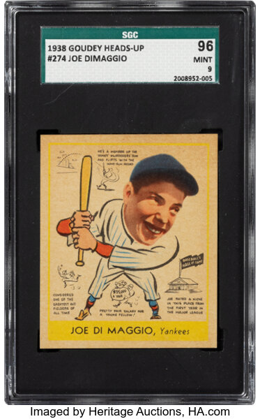 Baseball Cards:Singles (1930-1939), 1938 Goudey Joe DiMaggio #274 SGC 96 Mint 9 - Pop One, Nine Higher! ...
