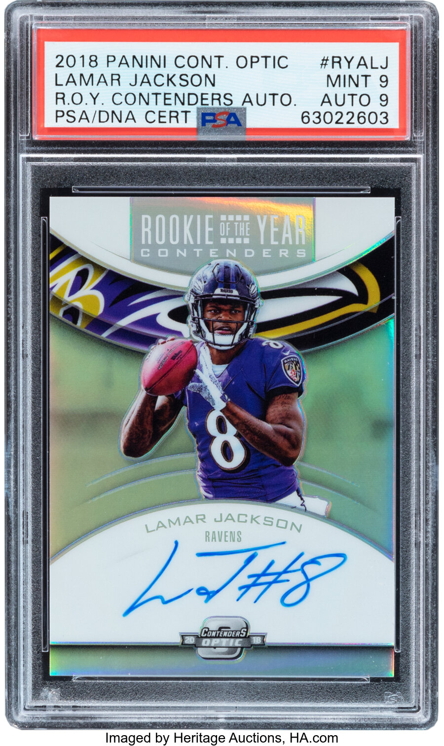 2018 Panini Contenders Optic Lamar Jackson (Rookie of the Year Autographs) #RYALJ PSA Mint 9, Auto 9